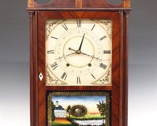 A 19th century Eli Terry & Sons pillar and scroll shelf clock.  30-hour weight driven wooden time and strike movement with  painted wooden dial and Roman numerals.  Mahogany case with a scrolled crest and Brass finials over a door with clear dial glass and reverse painted lower flanked by turned pillars on a scrolled base.  Paper label 80% intact.  Older refinishing with minor wear, restored finials and lower door glass, minor dial wear, replaced calendar hand, running when cataloged.  31" high.  ESTIMATE $400-600