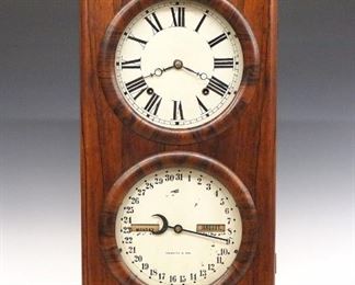 A late 19th century Seth Thomas No.3 calendar shelf clock.  8-day spring driven time and strike movement with lower calendar mechanism, painted metal dials with Roman upper numerals and Arabic lower.  Rosewood case with a pediment top, molded cornice and single door with turned wooden bezels on a molded plinth.  Older finish with some wear, minor veneer damage, minor dial wear, replaced pendulum, running when cataloged.  26 3/4" high.  ESTIMATE $300-400
