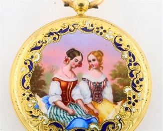 A 14k Gold ladies watch by E. Raffin, Geneve, with enameled rear cover depicting two women in a garden.  37mm OF case with a Swiss KW, KS, bridge movement, embossed Gold dial with Roman numerals marked "Raffin, Geneve".  30.7 grams total weight.  Slight wear, minor losses to enamel, presentation on cuvette, winds, sets and running when cataloged.  Includes a hinged box.  ESTIMATE $400-600