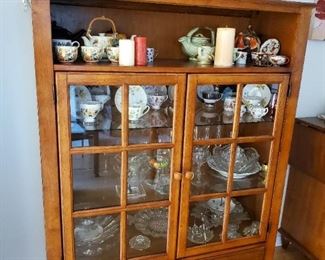 Pine glass front cabinet with drawers