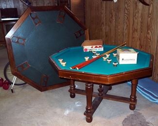 Octagonal Poker/ Bumper Pool Table, 29" x 49.5" x 49.5", With Interchangeable Top, Includes Bumper Pool Ball Set, Cues, And Revolving Poker Chip Rack