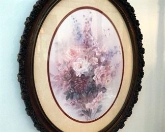 Antique Gesso Wood Framed Lena Liu Rose Bouquet, Signed And Numbered By Artist, Matted Under Glass, 28" x 24"