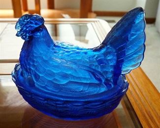 Cobalt Blue Glass Hen On Nest Candy Dish, 8" x 9" x 6.5", 8" Candlesticks, Hand Bell And More, Qty 8 Pieces