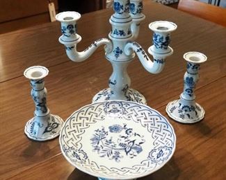 Blue Danube 4 Light Candelabra, 6" Candlesticks Qty 2 And 8.5" Footed Plate