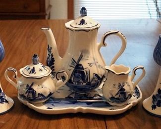 Delft Blue Tea Set Including Pitcher, Creamer, Sugar, Platter, And Tulip Candlestick Holders