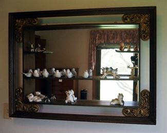 Vintage Shadowbox Wall Mirror, 28" x 38", Including Ceramic Bird, Deer, And Fox Figurines