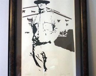 Framed Matted Under Glass WW1 Soldier Standing In Front Of Barracks Seragraph Artwork, Signed And Numbered By Artist David Bohling, 16.5" x 11", And Vintage 3.5" Pocket Knife