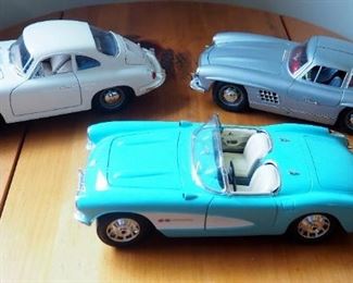Burago Diecast 54 Mercedes 300SL, 57 Chevy Corvette, And 61 Porsche 356B, All 1/18 Scale