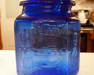 Antique Planters Peanut Cobalt Blue Glass Candy Jar With Lid, 12" Tall 9" Diameter