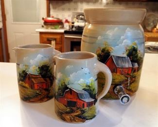 Hand Painted Pottery Water Crock With Spigot, Matching 6" Pitchers, Qty 2, Signed By Artist Ruth