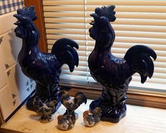 Cobalt Blue Ceramic Roosters 14" Tall, Qty 2, Stone Ware Pottery Rooster And Hen, And Otagiri Hand Painted Rooster And Hen