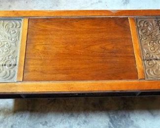 Vintage Pressed Wood Coffee Table With Glass Inserts, 15" x 52" x 20"