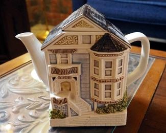 Otagiri Hand Painted Porcelain Victorian House Decor Including Tea Picture, Sugar Bowl, Creamer, Canisters And More, Qty 8 Total