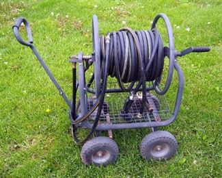 Rolling Garden Hose Reel Cart, With Hose And Spray Nozzle