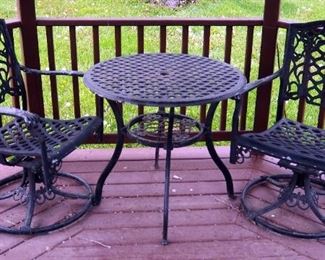 Wrought Iron Patio Set With Spring Swivel Rocking Charis, 36" x 25" x 22", Qty 2 And Matching Table, 27.5" x 30"