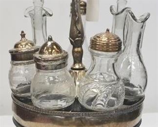 6 - Victorian castor set - AS IS 1 stopper missing bottles are mixed patterns 14 x 7
