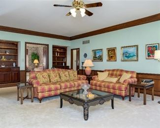 SOFA, LOVESEAT AND CHAIR AND OTTOMAN, COFFEE TABLE, LAMP AND DECOR