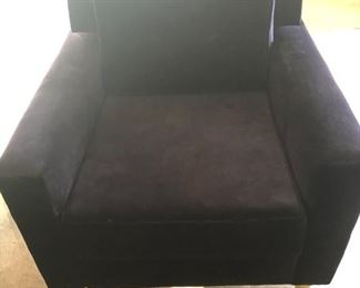 CLOSE UP OF ONE OF PAIR OF CHAIRS - GOLD LEGS WITH DARK NAVY  VELVET