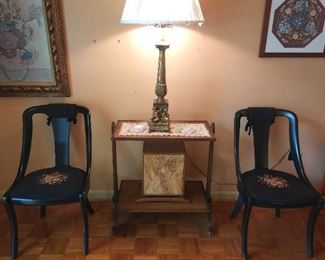 Hand made 2 tier table sold.
Chairs and lamp are available 