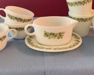 Vintage Pyrex Glass Mugs and Gravy Boat with Avocado Green Flowers