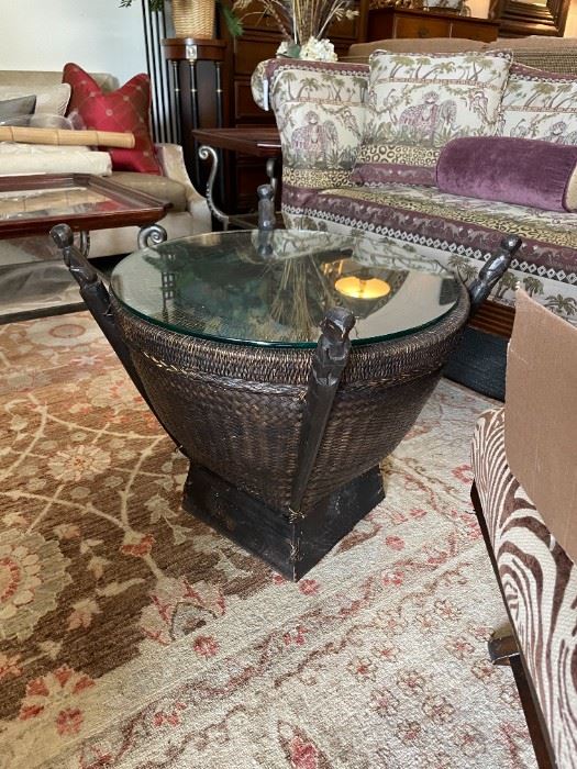 African Round Table with storage and glass top