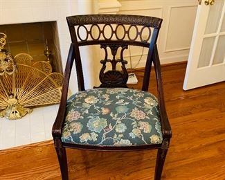 ANTIQUE WOOD AND FABRIC CHAIR