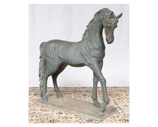 Large bronze outdoor horse statue, featuring green patina, freestanding, supported on base, late 20th century  64"h x 60"w x 21"d 