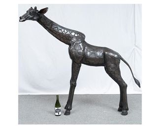 Large lost-wax bronze giraffe statue, having an oxidized surface, freestanding, unmarked  60"h x 70"w x 22"d 