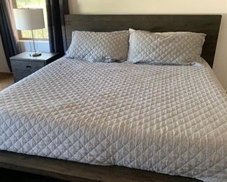 Living Spaces Bedroom Set: Platform Bed w Storage, Nightstand and Dresser, Belgian Flax Linen Diamond Quilt w 2 Shams 