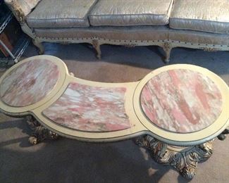Vintage European Style wood carved furniture with matching pink marble coffee table 
