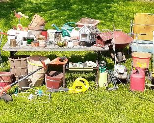 Techumseh yard vac, Hahn tiller, White edger, McCulloch leaf blower, Black n Decker 18v weed whip, hedge trimmer, Parker grass catcher, wheel barrow, lawn cart, pots, baskets, planters, bird houses, bid feeders, hand tools, shepherd hooks