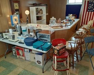 Pabst Blue Ribbon clock, Costco stool, crock pot, Pyrex, barware, bar stools
