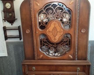 antique china cabinet, clock