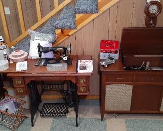 Singer treadle sewing machine, cabinet stereo, record player, microscope set