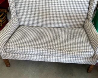 Blue Plaid High Back Settee