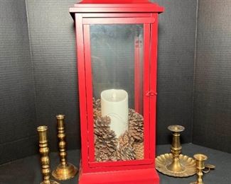 Large Red Lantern Brass Candlestick Holders
