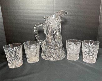 Sawtooth Cut Crystal Pitcher Glasses w Daisies