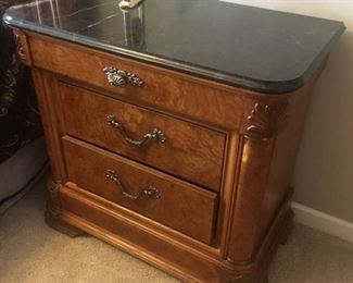 Gorgeous High Quality AMERICAN DREW Grand European Styling 3 Drawer Night Stand With Marble Top -Top Drawer Is Lined With Felt -Marble & Wood In Amazing Condition Still! Marble Top Has Black, White & Greys - It Does Not Match The Others!