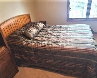 Queen Mission Style Finley Wood Headboard Panel W/Curved Top Rail & Slatted Grill Design Plus Steel Frame, Maple Finish - Includes Rails & SertaPedic Alistair Mattress W/Box Spring