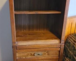 Wonderful Vintage BASSET Furniture Campaign Style Heavy Solid Wood Two-Piece Bedroom 3 Drawer Dresser With Bookcase Topper Made With Timberland Pine - Minor Wear For Age - Classic Brass Drawer Pulls! Next Two Lots Feature Matching Pieces!