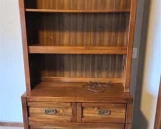 Wonderful Vintage BASSET Furniture Campaign Style Heavy Solid Wood Two-Piece 4 Drawer Dresser With Lighted Bookcase Topper Made With Timberland Pine - Minor Wear For Age - Classic Brass Drawer Pulls! Past Two Lots Feature Matching Pieces!