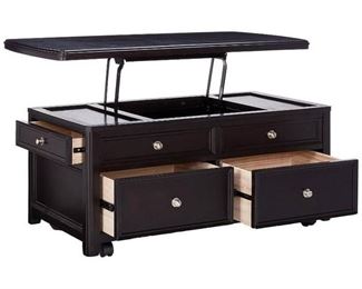 MSRP $500 Gorgeous, Sleek & Beyond Functional ASHLEY FURNITURE  CARLYLE Multi Drawer Coffee Table W/Spring Loaded Rising Lift Up Tabletop & Yes This One Does Have The Caster Wheels On The Bottom For Easy Movable Storage!! Excellent Condition!