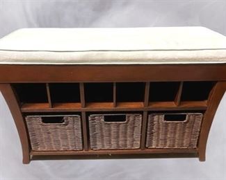 Lovely Pier 1 Imports Lift Top Storage Bench With Cushion Seat, 3 Removable Wicker Baskets & Storage Cubbies!  Great Condition However Cushion Has A Couple Stains! 