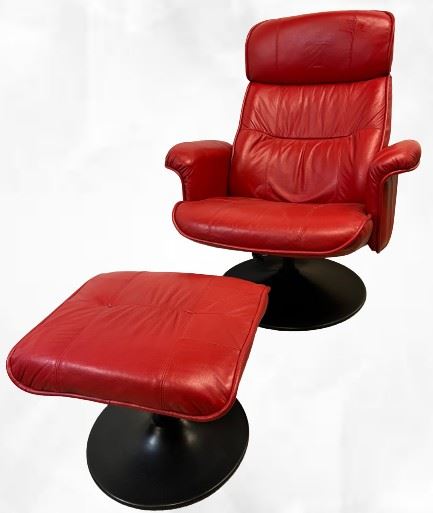 WOWOW Gorgeous Mid Century Modern Designer Sabatinni Red Leather Reclining Lounge Chair W/Wing Arms & Ottoman -Excellent Condition Very Minimal Wear! This Chair & The Matching One On The Next Lot Have A Reserve!