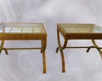 Fabulous Pair High Quality Decorative Yellowish Gold Foil Metal French Empire Style Outdoor End Tables With Beveled Tempered Glass Inserts - Excellent Condition!