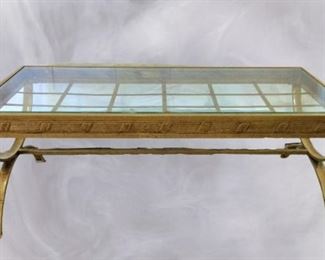 Fabulous High Quality Decorative Yellowish Gold Foil Metal French Empire Style Outdoor Coffee Table With Beveled Tempered Glass Insert - Excellent Condition!