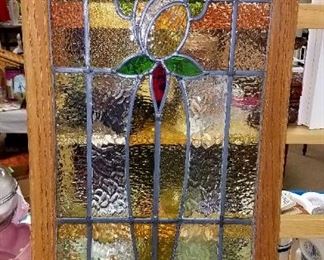 Vintage wall hangings. Wood framed stain glass panels