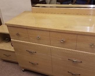 Blonde MCM bedroom set-headboard/footboard w/ mattress and box spring, nightstand and dresser w/ mirror in great shape!!