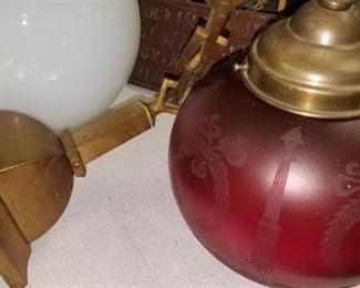 Brass light fixture w/ cranberry shade