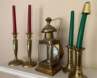 Brass Candlestick holders and lantern.